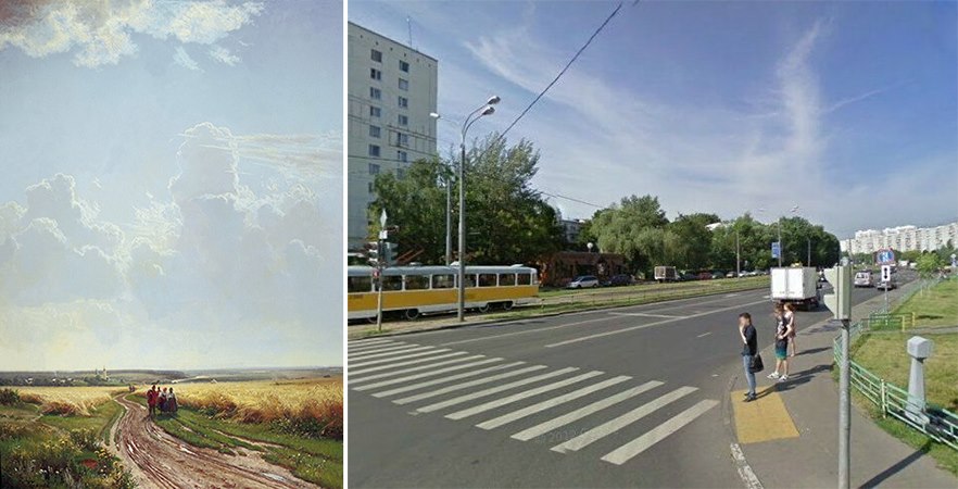 Слева – картина Шишкина «Полдень. Окрестности Москвы», справа – это же место в наше время (фото: Дзен-канал «Картины с историей»)